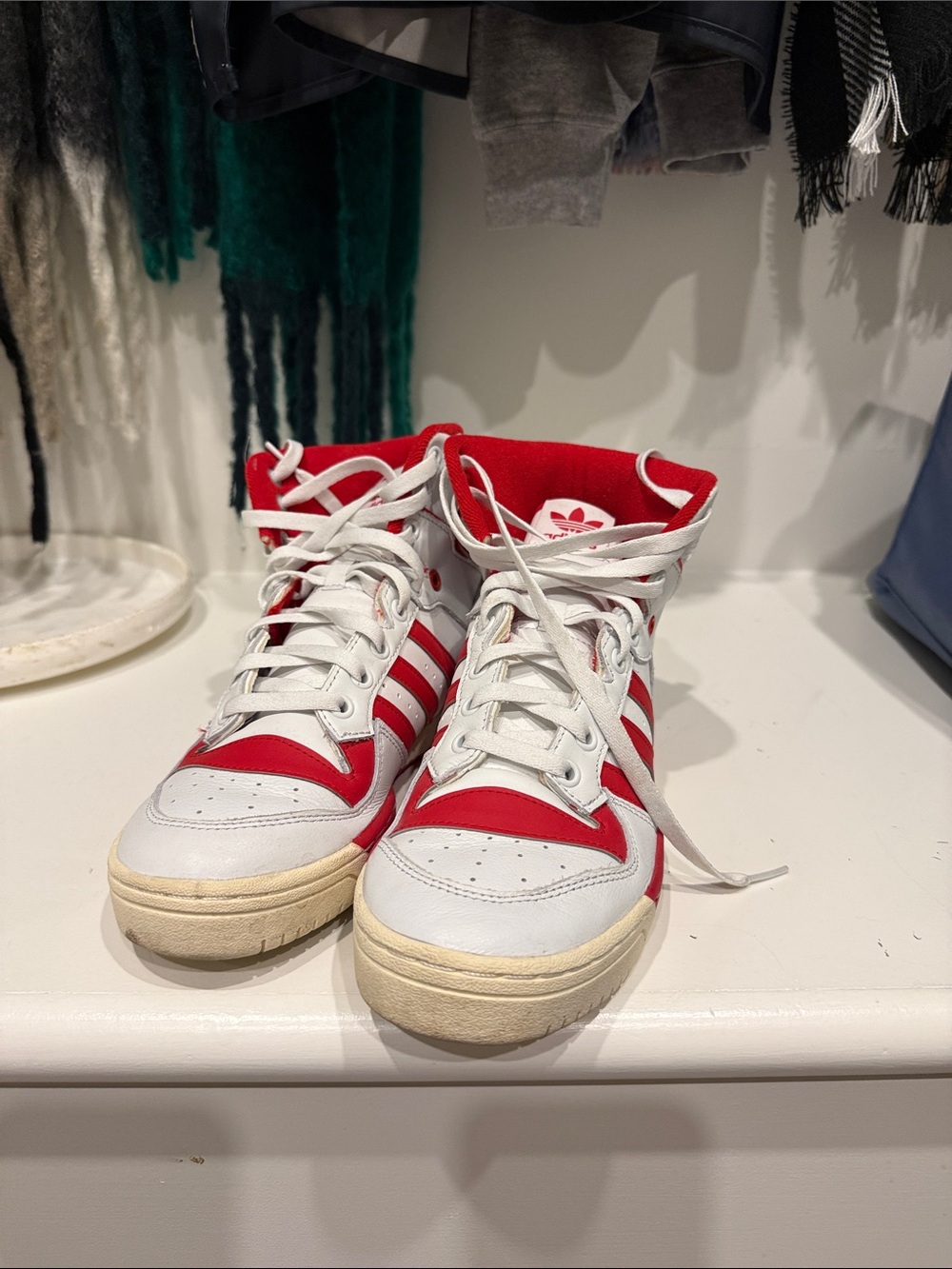 adidas White and Red High-Top Sneakers with Classic Three Stripes